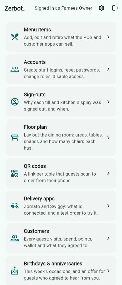 The owner's console home with menu, accounts, floor plan and QR codes