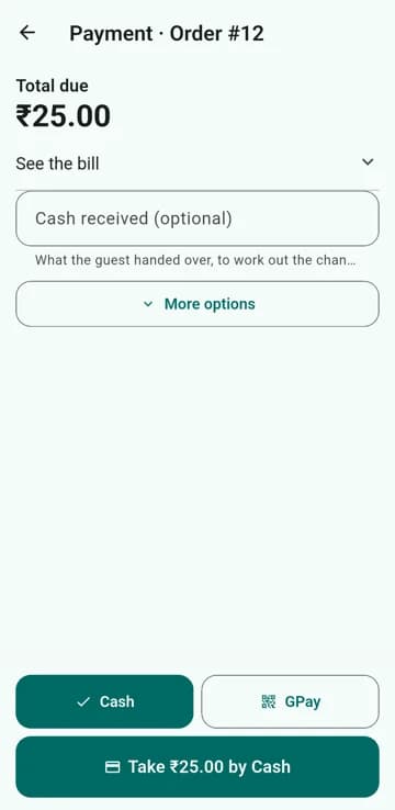 The payment screen with Cash and GPay above a Take button
