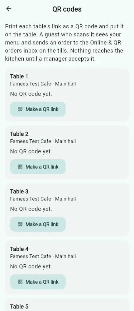 The owner's console showing a link and QR code for each table