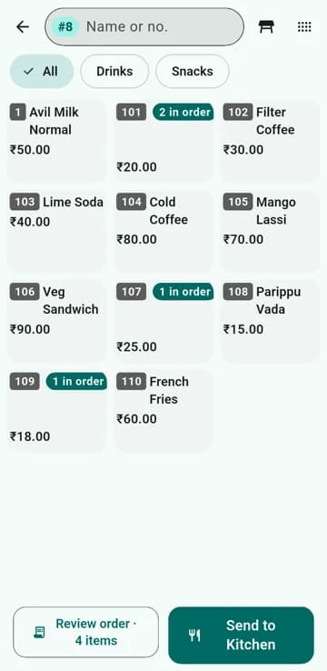 The Zerbot till: a menu of dishes with prices and a Send to Kitchen button